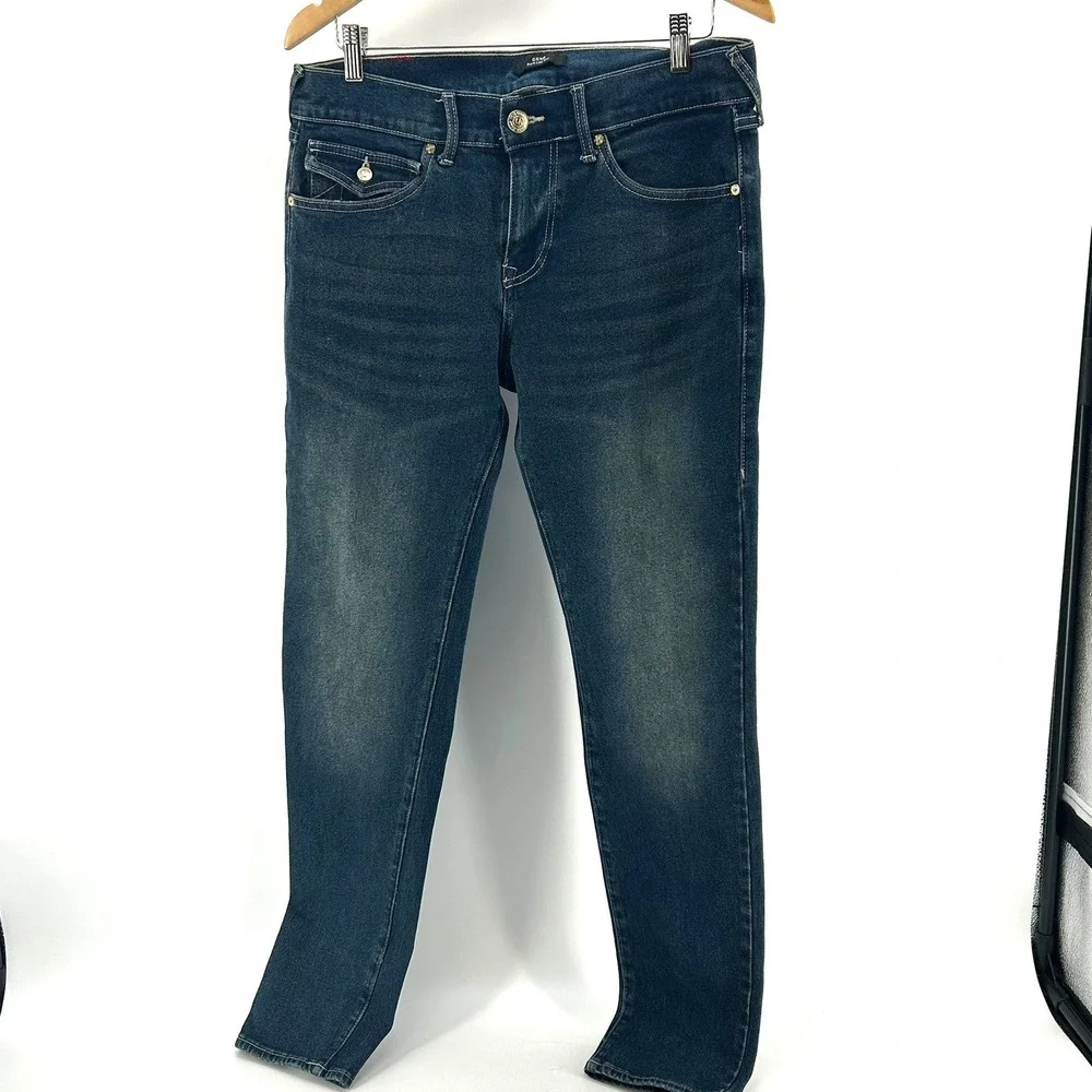 True Religion Geno Relaxed Slim Jeans Studded Horseshoe Big T Pocket Mens SZ 30